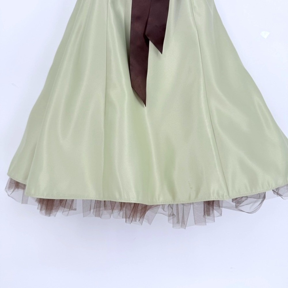 Jessica McClintock Gunne Sax Sage Green Satin Strapless Dress Brown Sash 3 Y2K - Picture 10 of 13